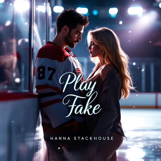 A dramatic scene on an ice hockey rink with the male hockey player in his jersey (number 87 for the Carolina Marsh Hawks), holding a hockey stick, standing confidently near the boards. He has jet-black hair and piercing blue eyes. Beside him, the female country popstar leans casually against the boards with her blonde hair flowing and a microphone loosely held in her hand. They're both backlit by bright overhead rink lights, creating an intense glow around their figures. Scattered around the rink are subtle sparkles representing the romantic tone.