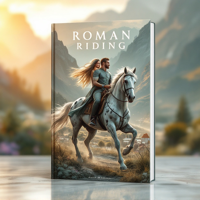 The cover features the man and woman riding double on a stunning silver-grey splotched horse, shown in motion moving through a serene, picturesque mountain town. The town in the background is softly lit and surrounded by towering mountains with misty peaks. The sun is low, casting a warm glow while creating sharp contrast with the overall green-gray and silver theme. The horse’s tack is adorned with intricate swirl patterns that glimmer slightly in the light. The woman’s long ash-blonde hair flows in the wind, contrasting subtly with the dark brown cropped hair of the man seated behind her. Their expressions show vulnerability—hers in the way she leans into him for safety, and his in his protective but tense hold around her.