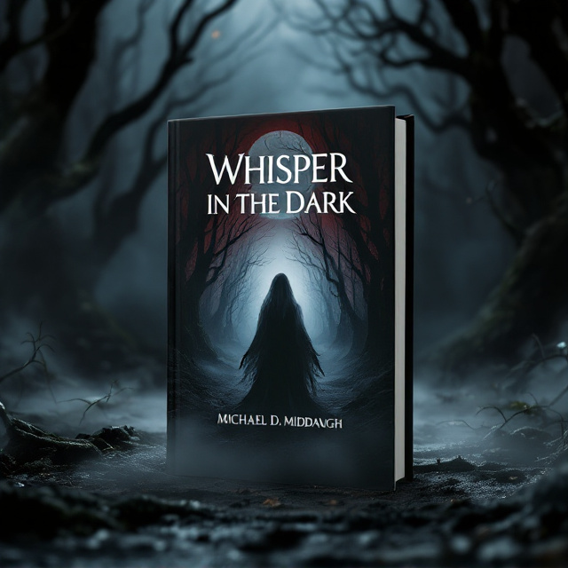 A haunting, shadowy forest occupies the majority of the cover, with gnarled, twisted trees extending their branches like skeletal fingers. In the foreground, a faint figure of a woman cloaked in flowing, tattered fabric blends into the mist, barely discernible yet undeniably eerie. The background fades into a deep gradient of black and dark crimson, creating a chilling sense of depth. Moonlight pierces through the dense trees, casting dramatic shadows and giving the whole image a sinister glow.