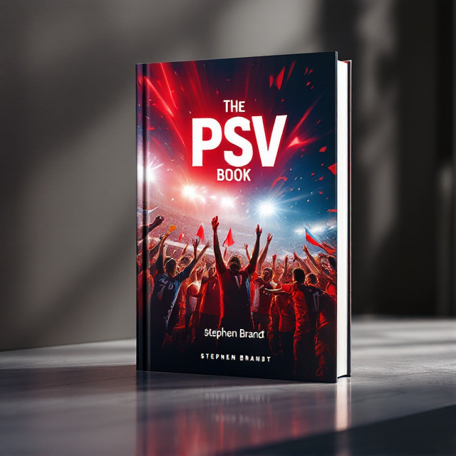 A vibrant scene depicting a dynamic football match moment centered around PSV Eindhoven, showcasing a roaring crowd in the background, flags waving high, and players united in jubilation after scoring. The colors are bold, with PSV's signature red and white as the core palette, complemented by dynamic light streaks that emphasize movement and excitement.