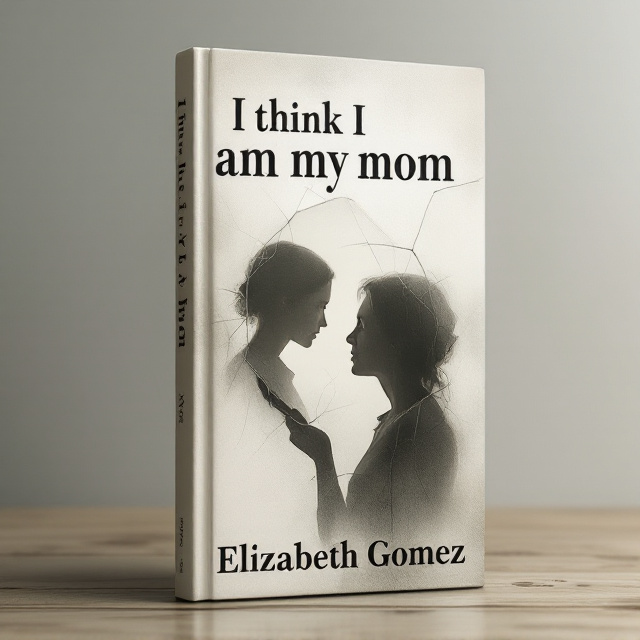 A minimalistic, yet emotional design with a central image of a cracked handheld mirror reflecting a faint silhouette of a younger woman overlapping with an older one (blurred and blended together). The background features muted tones of cream and gray, with faint, subtle brushstrokes resembling tears or cracks, creating an artistic, textured look.