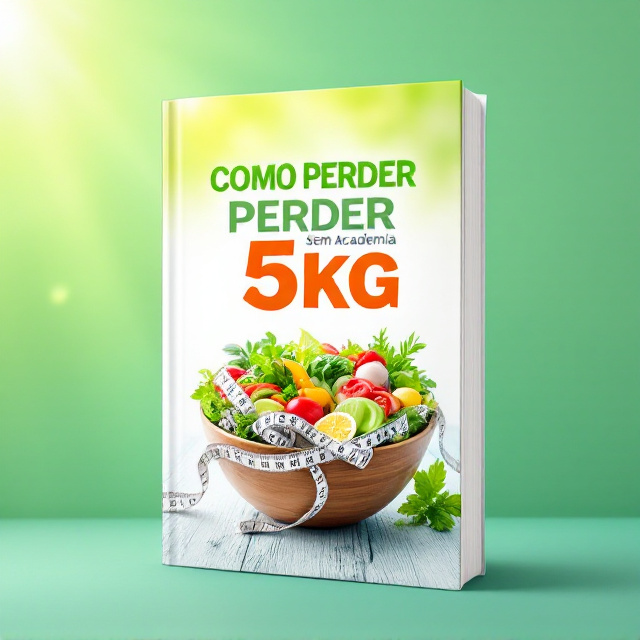 A bright and cheerful cover featuring a background image of a fresh, colorful salad bowl with vibrant greens, reds, and yellows surrounded by measuring tape subtly wrapped around the bowl. The title "Como Perder 5kg Sem Academia" is centrally placed in bold, vibrant typography with contrasting colors that pop against the background. Light rays or gradient streaks add dynamism to the design, making it visually engaging. The top background is a light gradient of green transitioning to white, emphasizing freshness and vitality.