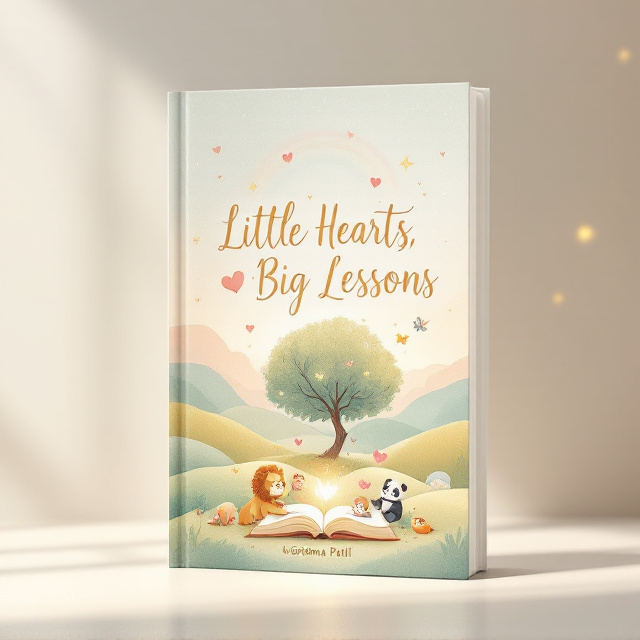 A soft watercolor landscape with rolling, pastel-colored hills (peach, light blue, and soft yellow) fades into a radiant golden sky, dotted with faint sparkling lights. At the center, a vibrant and heartwarming scene shows a large tree with soft green foliage. Below the tree, a friendly lion, panda, butterfly, fish, and a cheerful cloud are gathered around an open glowing storybook. Magical pink and gold hearts and sparkles float upwards from the book, intertwining with a faint rainbow arching above.