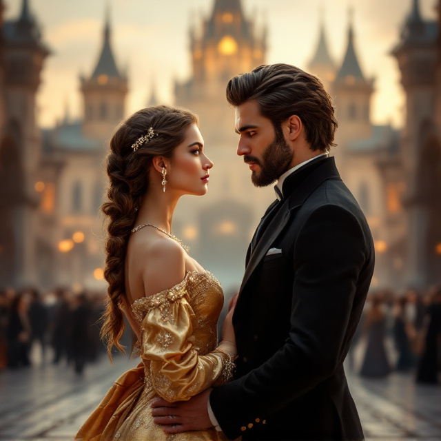 The cover features a grand courtyard set against the backdrop of a regal, towering castle. The castle's spires gleam faintly in hues of muted gold and brown, creating a warm yet intense ambiance. Center stage, the man and woman stand facing each other, locked in a gaze filled with unspoken guilt and undying love. The woman wears an opulent gold empire dress that shimmers subtly under the light, her Dutch braid adorned with tiny strands of embellishments reflecting the noble Regency style. The man contrasts her elegance with a rugged charm, dressed in a sharp black suit and tilted crown. Surrounding them are blurred figures of a bustling crowd in Regency-era finery to give depth, while layered gold and brown swirl accents embellish the edges of the cover, evoking passion and intensity. The background transitions between deep brown and gold tones, blending into a striking, dreamlike vignette effect.