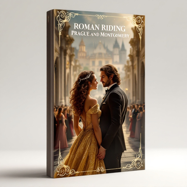 The cover is a stunning illustration of a grand, historic courtyard drenched in soft golden light, with an opulent castle in the background. A man in a sleek black suit and a woman in a flowing, shimmering gold empire dress stand in focus in the center. Her curly brown hair in an intricate Dutch braid tumbles gently over one shoulder, while his loose brown hair catches the sunlight. Behind them, blurred but still detailed, is a gathered crowd of elegantly dressed royals, with subtle pops of jewel tones in their attire. The edges of the cover feature ornate gold swirls, framing the scene beautifully.