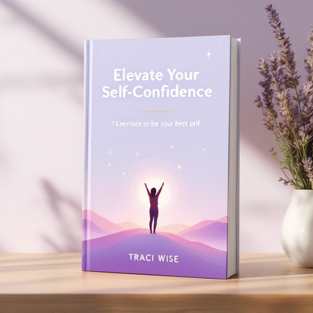 The cover features a serene gradient background transitioning from soft lavender to white, symbolizing calm and personal growth. At the center, a glowing silhouette of a person standing on a slight hill represents hope and self-confidence, surrounded by subtle sparkles to convey inspiration. Thin, curved lines flow upward, giving a sense of elevation and progress.