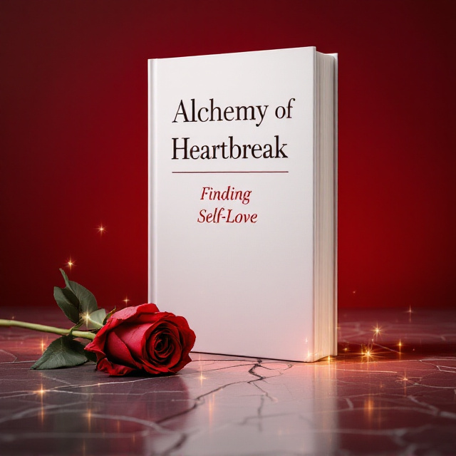 A single red rose with partially wilted petals lies on a cracked, reflective surface, symbolizing heartbreak and resilience. The background fades into a soft gradient of deep red to crimson, amplifying the emotional depth. Light sparkles subtly emanate around the rose, representing self-love emerging from the sadness.