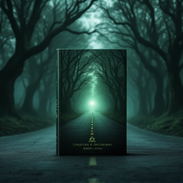 A shadowed road stretches into a dense, misty forest, bathed in muted greens and grays. The road is lined with tall, dark trees, their twisted branches forming an intricate network. The pathway fades into darkness, where a faint, ethereal light emerges at the horizon. In the misty background, subtle imagery of a Rosicrucian cross and Furcas silently blend into the misty atmosphere, almost subliminal. A translucent, glowing figure of an "alma" (soul) can be seen faintly walking toward the light. The atmosphere is melancholic yet hopeful, invoking emotions of love interwoven with mystery and loss.