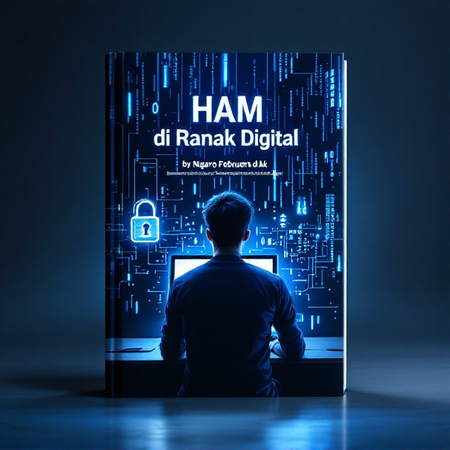 A young man, seen from behind, sitting at a desk facing an illuminated laptop screen. To the left of the laptop is a glowing, oversized padlock icon symbolizing privacy and security. Behind the young man, in the background, there’s a dark web-like matrix with binary code, symbolizing the threats of hacking and data theft. Scattered within the dark background are faint silhouettes of data thieves or digital threats, subtly blending into the design. The lighting focuses on the man, casting the surroundings in a shadowy blue tint, giving the cover a clean yet intense atmosphere.