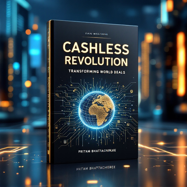 A futuristic cityscape is displayed in the background, illuminated with golden and blue holographic lights that symbolize digital connections. Central to the cover is a stylized globe made of interconnected circuits, representing a globally connected digital financial system. The circuits flow dynamically outward, leading towards icons of digital payments, mobile devices, and fintech elements. At the base of the cover, there are silhouetted diverse individuals holding hands, symbolizing unity and empowerment.