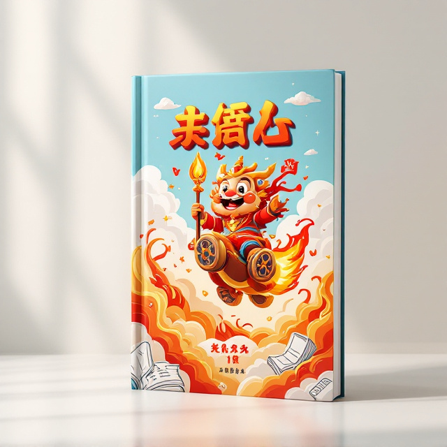 The cover features a playful, dynamic illustration of 哪吒, depicted as a cheerful protector with vibrant colors to reflect the character's iconic energy. He is shown riding on his flaming wheels with his fire-tipped spear in hand, surrounded by swirling red, gold, and orange flames. The background incorporates a mix of clouds and a cheerful blue sky, creating a contrast that feels uplifting and energetic. In the lower half, playful, child-friendly sketches of books and learning materials subtly float around 哪吒, symbolizing the educational aspect of the book.