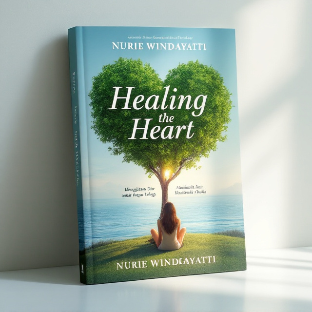 A tall, serene green tree is set in the center, with its lush foliage shaped subtly like a heart, emerging against a tranquil blue sea background. The tree radiates an aura of loving kindness, with soft light cascading through the leaves, symbolizing healing and hope. A silhouette of a woman sitting peacefully under the tree with her back turned, gazing at the horizon, evokes emotional recovery and introspection. The overall design exudes gratitude and solace.