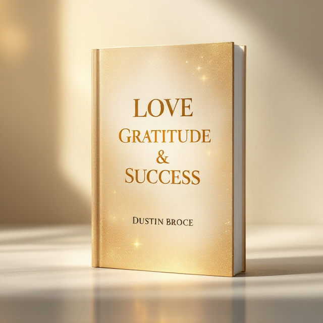 The cover features a soft golden parchment-style background with gentle textures resembling subtle waves of light or energy flowing across the surface. A radiant golden glow emanates from the center, fading outward into warmth. At the heart of the design, the title “Love Gratitude Success” is elegantly positioned in a slightly elevated center alignment, surrounded by soft, sparkling dust particles that evoke a sense of peace and inspiration. Below the title, the author’s name, “Dustin Broce,” is carefully placed, slightly smaller but equally harmonized. Delicate, abstract floral or sacred geometric patterns are subtly etched in the background, adding a hint of spiritual symbolism without overpowering the clean simplicity.
