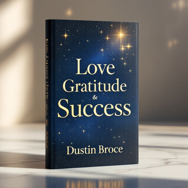 The design features a deep midnight blue star-filled sky as the background, creating a serene and magical atmosphere. Soft golden beams of light radiate down from the upper center, delicately cutting through the starry expanse. At the center, the three words of the title "Love Gratitude Success" are vertically stacked, each word positioned one after the other in elegant metallic gold font, shimmering softly. The author’s name, "Dustin Broce," is understatedly positioned at the bottom center of the cover in crisp white sans-serif, contrasting subtly with the celestial background.