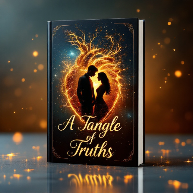 A close-up of a realistic human heart, glimmering with tiny, magical golden veins weaving through it, symbolizing both life and the fantastical truths tangled within. Two silhouettes—a man and a woman—stand back-to-back within the heart's shape, their figures surrounded by faint swirling mists. The background fades into a rich dusk gradient of deep blue and amber, with delicate sparkles that appear both like stars and fractured shards of glass. The combination evokes romance, deception, and the fragility of life.