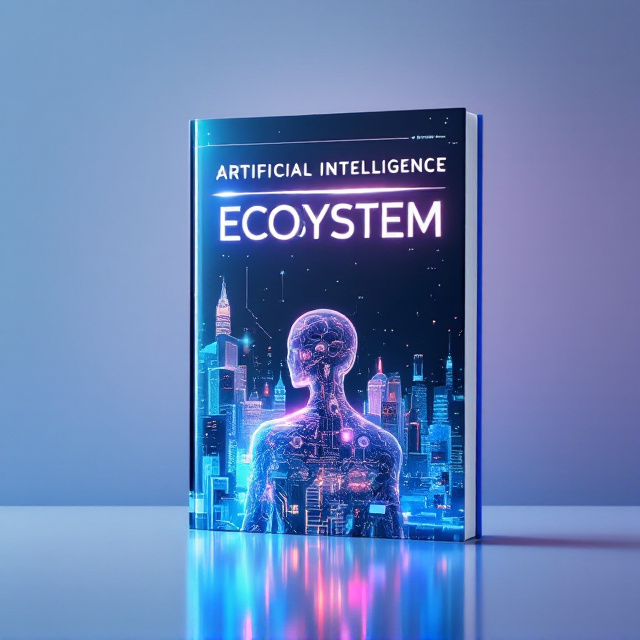 A futuristic cityscape featuring glowing skyscrapers intertwined with towering data streams and circuits. In the foreground, a translucent humanoid figure made of intricate circuits and gears gazes into the horizon. The background transitions from a deep blue to a shimmering gradient of indigo and violet, evoking a sense of advanced technology and the vast unknown.