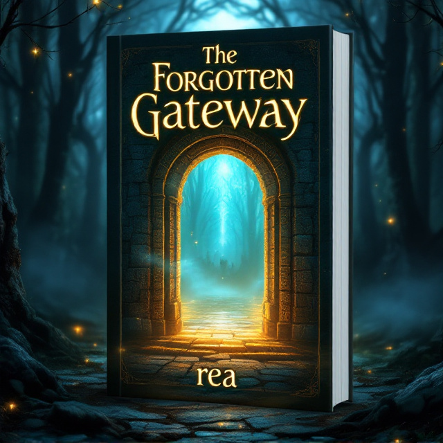 A glowing, ancient stone gateway resembling an enchanted arch with intricate carvings stands at the center of the composition. The gate is half-open, emitting a soft, magical, golden-blue glow. Shadows of strange, otherworldly creatures are slightly visible beyond the gate, hinting at mystery. The background is a dark, enchanted forest with faintly glowing trees and mist curling along the ground. The overall color palette consists of hues of dark blue, emerald green, and gold.