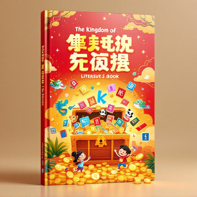 A vibrant and whimsical design featuring a treasure chest spilling out colorful Chinese characters like gold coins. The treasure chest is placed at the center, with playful cartoon-style characters like dragons, pandas, and books hovering around it. The background is a soft gradient of gold and red with cloud patterns reminiscent of traditional Chinese motifs. Sparkles and glowing trails link the scattered characters to give a magical, lively feel. Children holding hands and joyfully discovering new characters are illustrated along the bottom of the cover.