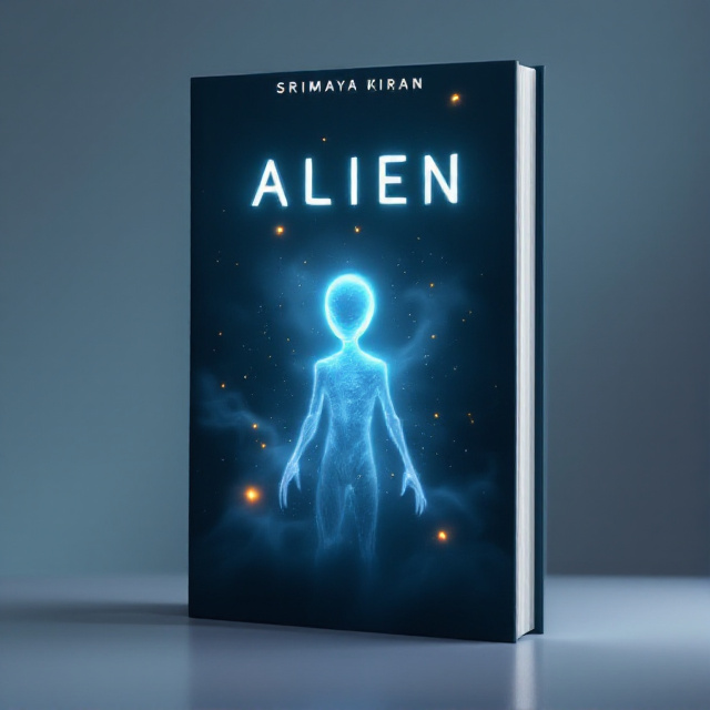 A dark, deep “SIYEN BLUE” background dominates the cover to evoke the mysterious and expansive feeling of outer space. A soft aurora-like blue mist flows from the center, giving the effect of something unseen or invisible coming into presence. Tiny, glowing yellow fireflies scattered across the cover appear sentient, creating an otherworldly, alien-like energy. In the middle of the cover, a faint silhouette of an alien figure, almost transparent, blends subtly into the blue mist, adding to the enigmatic atmosphere.