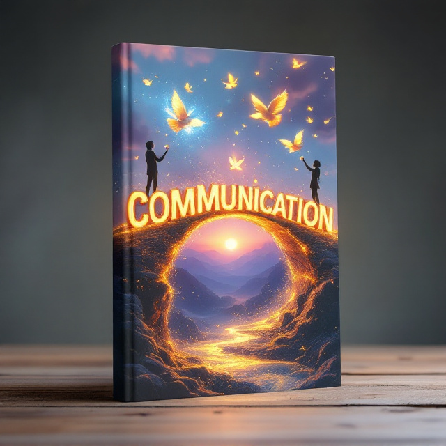 The cover showcases a surreal bridge suspended in a glowing void, constructed from floating, golden letters, punctuation marks, and illuminated phrases. The bridge arches dramatically across the center of the cover, with vibrant energy radiating around it. On the left side of the bridge, a figure is gracefully sculpting words out of a bluish flame at their fingertips, while on the right side, another figure stands mesmerized, catching the glowing, ember-like words like falling leaves. Below the bridge, a swirling chasm composed of static noise, broken symbols, and chaotic miscommunication adds depth and contrast. Above, a dawn sky glimmers with soft hues of purple and orange, where doves crafted from paper scripts and handwritten notes fly harmoniously toward the horizon. The background is subtly textured to enhance the futuristic and surreal atmosphere.