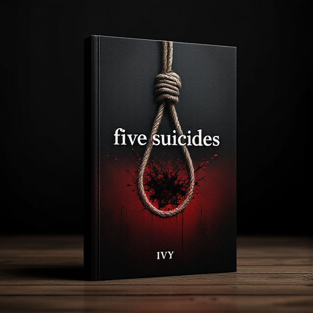 A dark, moody background with a faint gradient fading from black at the top to deep crimson at the bottom. A thick, knotted suicide rope hangs prominently from the upper third of the cover, its fibers frayed and casting subtle shadows. Below the rope, a subtle but ominous splash of blood arcs across the middle ground, while faint fingerprints appear in ghostly white near the bottom, barely noticeable unless observed closely. The elements create a layered sense of depth and unease.