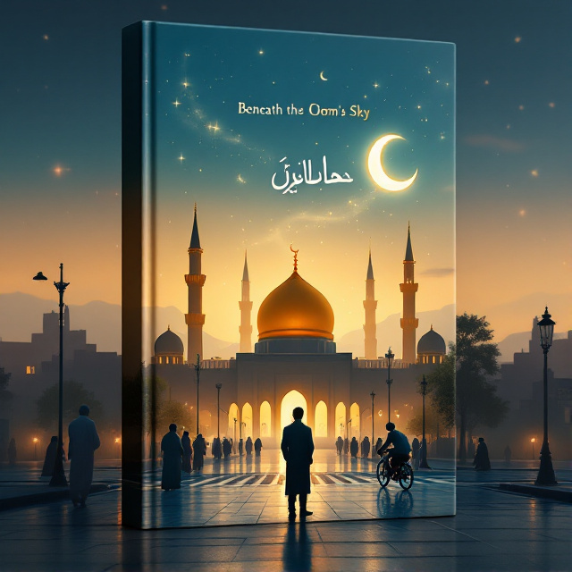 The cover depicts a twilight cityscape of Qom with the shrine of Lady Fatima Masuma (SA) taking center stage, its golden dome glowing softly against a gradient sky transitioning from indigo to amber. The minarets stand silhouetted above the calm horizon, with delicate crescent moons atop that glisten subtly. In the foreground, a lone male figure in simple, modest clothing stands at a crossroads, gazing intently toward the shrine. Around him, quiet streets stretch out, populated with faint outlines of Islamic scholars in traditional robes on foot or riding bicycles, adding depth to the scene. The mystical element shines through with faint, flowing Arabic calligraphy illuminated subtly across the sky as if carried by an otherworldly wind.
