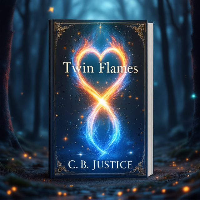 A pair of ethereal, glowing flames entwined as they rise upwards in the shape of a subtle infinity symbol. The flames are vibrant shades of blue and gold, with tiny sparkles like stars embedded in them, set on a dark, textured, mystical forest background. Faint silhouettes of two figures are barely visible, merging with the flames, while glowing runes and arcane symbols scatter across the forest floor and sky.