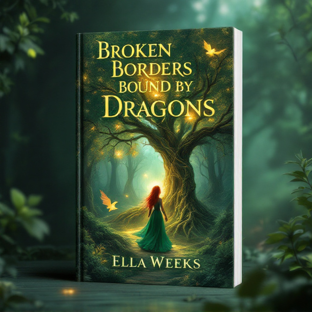 The book cover showcases a dense and enchanting green forest bathed in soft, ethereal light. At the center, a red-haired princess in a flowing emerald-green dress gently walks toward the majestic, glowing Tree of Life. The tree’s intricate roots and golden leaves radiate a light, creating a mystical aura. The forest in the background fades slightly into darkness, enhancing the focus on the princess and the tree. A few subtle dragon silhouettes—one on a branch and another swirling in the mist—are hidden within the scene, adding intrigue.