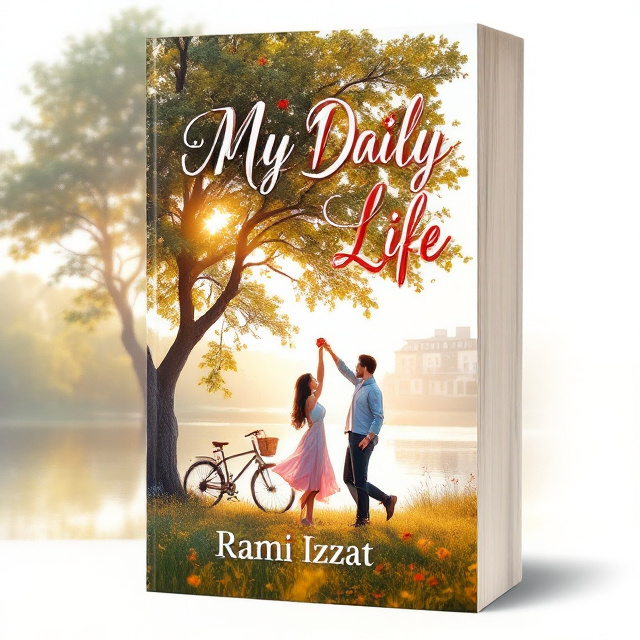 A couple is joyfully dancing under a tree by a serene riverbank, with soft golden sunlight filtering through the tree branches. The woman holds a single red rose, and a vintage bicycle leans against the tree nearby. Small, delicate flowers and faintly outlined school buildings can be seen in the blurred background. The scene is set against a predominantly white background with subtle pastel watercolors blending into the edges to evoke a dreamy, romantic atmosphere.