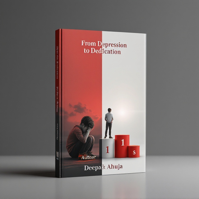 A vertically split cover design with the left half in a muted red tone, depicting a sad, downcast boy sitting with his head resting on his knees. The figure is surrounded by subtle gray-scale background elements like cloudy skies or blurred surroundings to evoke a sense of hopelessness. The right half is a contrasting bright white with a boy standing triumphantly on a podium marked as "1st." The podium is accented with red details, and the background showcases a faint radiance or lens flare to represent achievement and positivity. A subtle transition effect through the middle, blending the red and white, signifies the journey throughout the book.