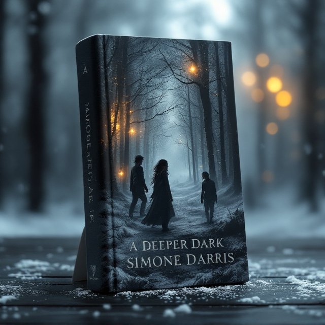 A hyperrealistic portrait of a dark, snow-covered forest takes up the full cover background. The foreground focuses on the silhouettes of three figures in motion, barely discernible under the muted glimmers of moonlight cutting through the thick, gnarled branches. The 12-year-old pirate girl is at the forefront, her wild hair and bandana iconic and illuminated faintly by the moonlight. Behind her, the young woman and older man are partly shadowed but distinct in their postures—faces streaked with dirt and eyes etched with urgency and fear. Snowflakes swirl around them, adding dynamism and layering to the image.