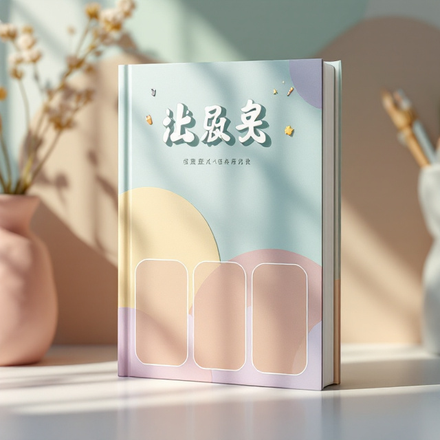 The cover background is a pastel macaron color gradient featuring soft transitions between shades like mint green, blush pink, butter yellow, and lavender. The title "学科竞赛作品集" is prominently centered near the top with a whimsical and cute illustration of competition-related symbols (e.g., pencils, medals, brushes). The lower half of the cover features three to four distinct areas bordered by soft, rounded shapes in a Mondrian-inspired layout to visually mimic portfolio sections. Each area is designed to visually hold images or placeholders representing the book's creative content.