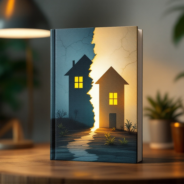 The cover displays a soft gradient background blending from a deep blue petróleo escuro (#1A3C4D) at the top to a warm, inviting beige (#F5E8C7) at the bottom. In the center, stands the silhouette of a house divided into two halves—a cracked, dimly lit left side representing emotional baggage with shadowed windows and subtle wear, while the right side is restored, glowing with golden light from open windows. Small green plants grow around the base of the restored section. A faint texture of aged wood permeates the background, adding warmth and a sense of raw vulnerability. Around the title, thin golden streaks lightly radiate, adding a hopeful shimmer.
