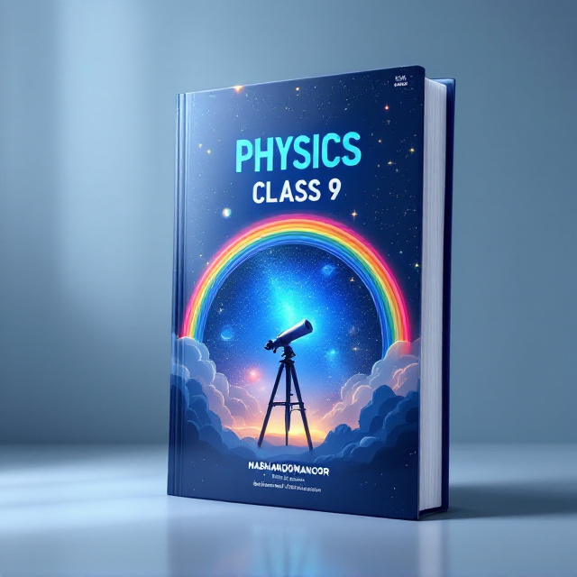 A vibrant rainbow stretching across the top half of the cover, leading into a detailed yet artistic image of a telescope pointing upwards into a starry sky. The background is a gradient of deep and lighter blue hues, representing a calm and optimistic tone. Small glowing celestial accents like stars and planets fill the negative space. Alongside, diagrams of simplified physics notes, equations, and symbols subtly overlay the bottom section in a clean and minimalistic style.