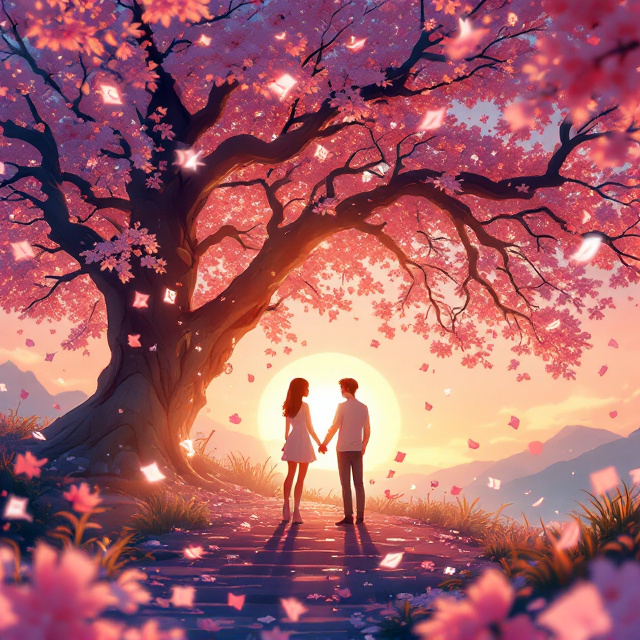 The cover features a dreamy, anime-style scene set under a majestic cherry blossom tree glowing in the sunset. Tom and Lily/Alex, a cute couple portrayed as soft, youthful anime-styled characters, stand under the cascading pink petals. The warm golden light of the sunset bathes the foreground, creating a romantic ambiance. Behind the couple, a subtle silhouette of a futuristic time machine blends into a starry blue-purple gradient sky, symbolizing the merging of past and future. Glowing fortune paper notes swirl delicately around the characters, casting an ethereal light that accents their hopeful expressions. Light beams and floating clock shapes subtly emanate in the background, emphasizing the time-travel theme. Silhouettes or faint reflections of their older selves are visible in the bottom right corner, blending into the lab-like setting of the future. A mix of soft sparkles and glowing effects ties everything together, giving the scene a whimsical fantasy/sci-fi feel while maintaining its emotional depth.