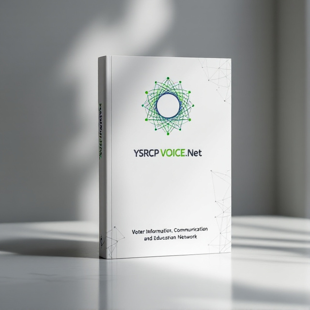 A sleek, modern book cover with a white background featuring a subtle network of interconnected nodes and lines in the party colors (green and blue). At the center-top, the circular YSRCP VoICE.Net logo is prominently displayed. Gradient accents with a geometric pattern are subtly incorporated, fading from green to blue, giving the design depth and visual elegance. The digital motifs include small, minimalist voter icons seamlessly integrated into the network pattern.
