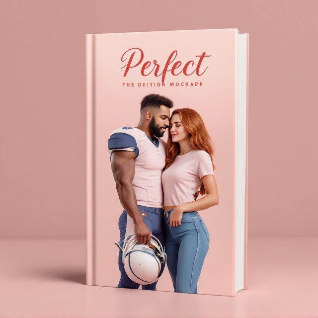 A white man dressed in a sleek football uniform, helmet in one hand, stands closely against a confident auburn-haired woman wearing fitted jeans and a casual t-shirt. His free arm is lovingly wrapped around her waist, creating a flirtatious and romantic connection between the two. Both figures are brought into focus against a plain, pale light pink background, emphasizing their chemistry.
