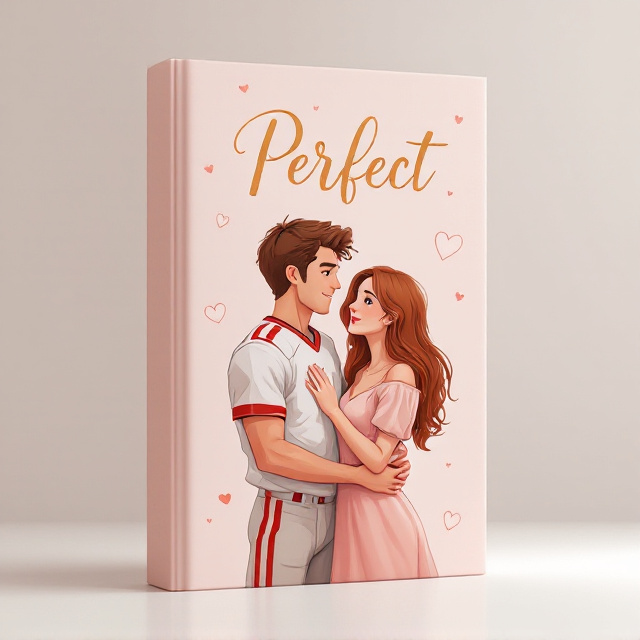 A charming, illustrated cartoon image of a couple in the center of the cover dominates the scene. The man, with short brown hair, is depicted in a classic white and red football uniform, holding the woman by her waist. The woman has flowing auburn hair and wears a flattering, casual, flirty dress in a soft pastel hue. Her hands rest gently on his chest. They are gazing lovingly at each other, both with subtle smiles. The pale light pink background is soft and dreamy, with subtle heart illustrations or faint floral outlines scattered sparingly.
