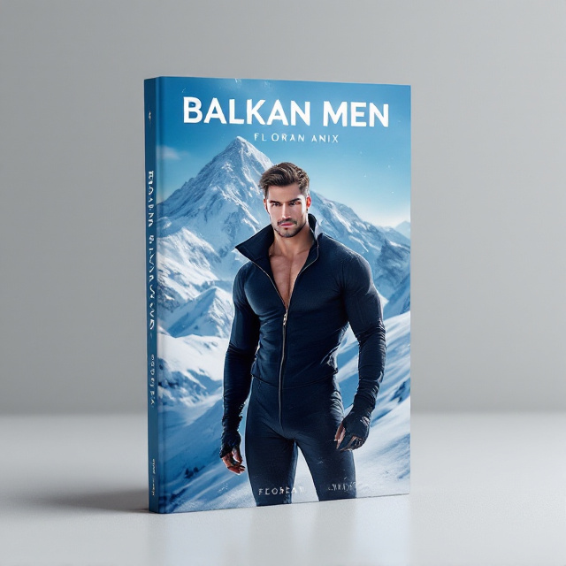 A striking image of the male model in a partially unzipped, sleek dark ski suit standing confidently in the center of the cover. His muscled torso and intense gaze command attention, while the snowy mountain peak in the blurred background stretches high under a vibrant, clear blue sky. A soft shimmer of sunlight highlights the edges of the mountain. Thin wisps of mist float near the base of the mountain to add a dreamy, yet chilly layer to the winter wilderness atmosphere.