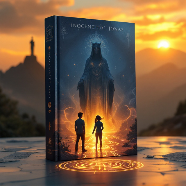 A radiant golden sunset over Cerro San Cristóbal dominates the background, with the silhouette of the Virgin Mary statue outlined sharply against the luminous sky. In the foreground, two teens stand on a glowing Mapuche-symbol adorned path a bespectacled boy with a curious expression and a ponytailed girl, both in dynamic poses indicating adventure. Emerging dramatically from the swirling mist is the mystical puma-condor guardian, a perfect mix of elegance and enigma. Deep blue tones cradle the earthy warmth of the sunset, creating a balance of mystery and vibrancy. Subtle Mapuche patterns are embedded along the edges of the cover, framing the scene intricately.