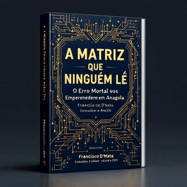 A modern, dynamic design featuring abstract matrix-inspired patterns fading into the background, symbolizing the concept of a complex system that people overlook. The colors are a mix of rich navy blue and gold, reflecting prestige and professionalism, with subtle patterns of business graphs and Angolan-inspired motifs. The title is large and placed prominently in the upper half, with the author’s name displayed in a neat, professional style at the bottom.