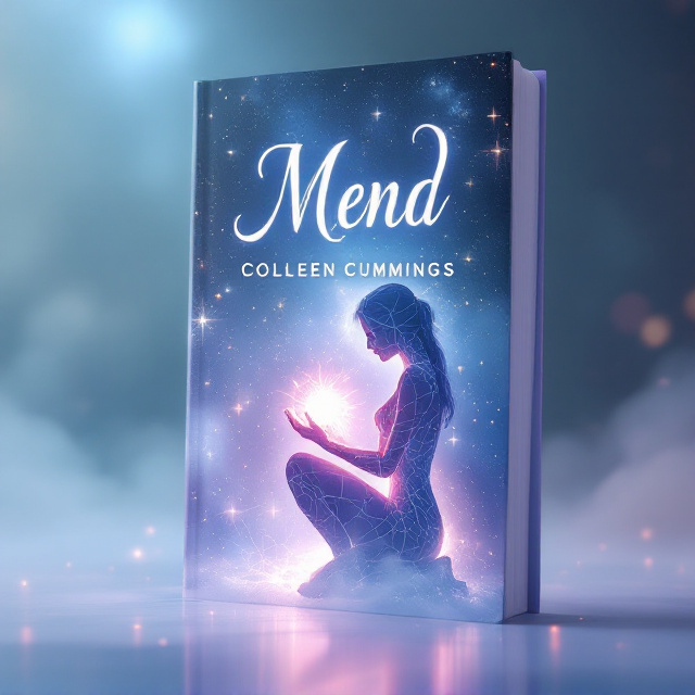 A misty cosmic background with a soft gradient of light blues, purples, and silvers blending into darker deep blues. The scene subtly reveals faint stars, nebulae, and glowing thread-like wisps that weave into and out of the cover. At the center, a kneeling silhouette of Valara, radiant and fragile, is featured. Her form reveals cracks, glowing with bioluminescent threads of soft white light. In her hands, she cradles a fractured celestial orb, glowing softly, with light leaking like threads that fade into the misty background. Gentle glowing effects surround her figure and softly fade into the mist.