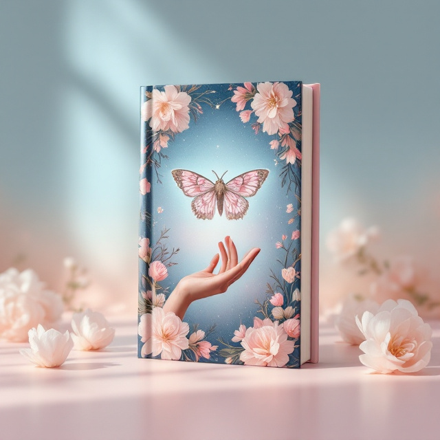 A soft, dreamy background that transitions from a light blush pink to a serene sky blue, fading subtly into a starlit navy at the top. On the left side of the cover, a delicate, feminine hand (colored in soft, warm blush tones) is positioned as if releasing or catching a fluttering moth. The moth features intricate details with floral patterns inside its wings. Surrounding the hand and moth is curly, flowing hair that intertwines with blooming flowers in pastel pink and white tones. The elements evoke a poetic and gentle vibe while symbolizing inner strength.