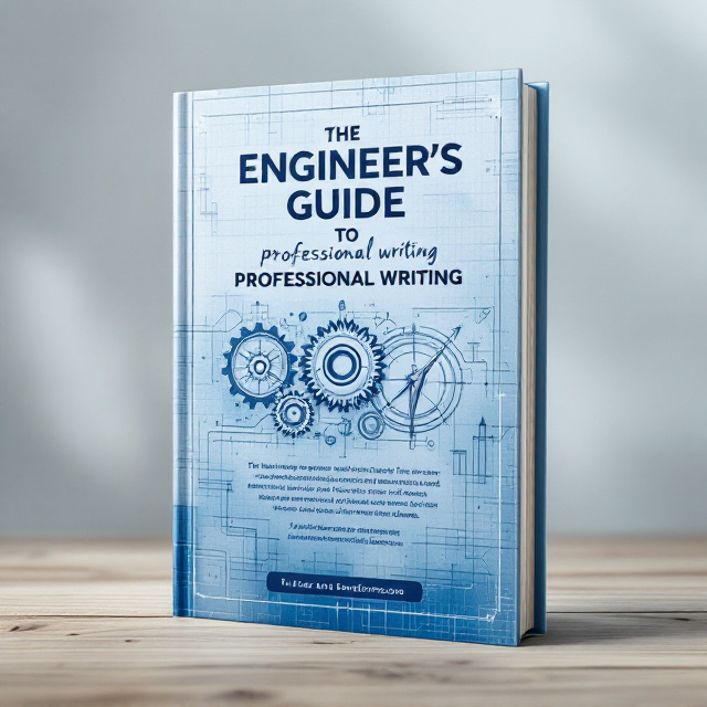 A sleek, minimalistic cover with a blueprint-style background in soft hues of blue and white. Centered on the front cover is a stylized illustration of gears and a compass, evoking technical precision, paired with a soft overlay of handwritten script elements to hint at writing. The back cover extends the blueprint pattern seamlessly, with space for short text or endorsements laid out in distinct blocks.