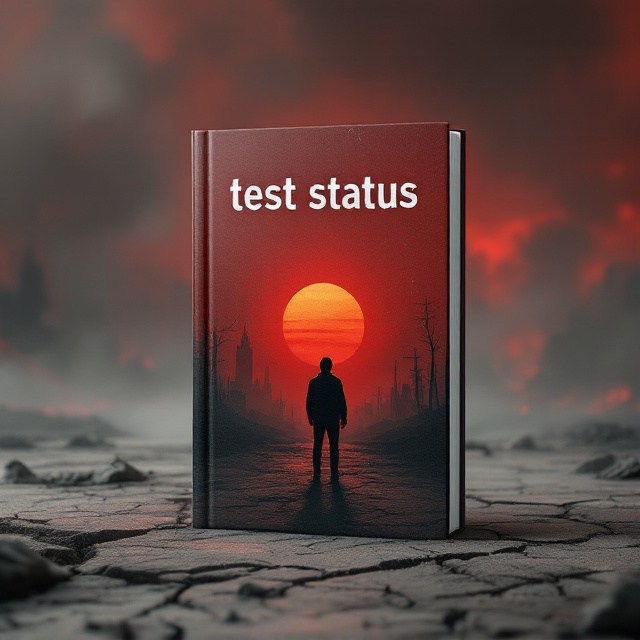 A desolate, cracked earth landscape set under a smoky, red-tinted sky. Ruined cityscapes silhouette in the distance, with faint white ash floating in the air. A lone figure stands at the center, silhouetted against a barely visible sun, with their back facing the audience, conveying isolation.