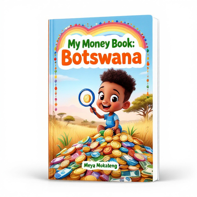 The book cover depicts Wetu, a cheerful, animated character, sitting on a pile of colorful coins and banknotes featuring Botswana currency. Wetu is holding up a magnifying glass to examine a coin, with an animated expression of curiosity and excitement. The background features a vibrant African safari landscape warm golden grass, lush trees, and a bright blue sky with a subtle rainbow arch. The title, "my money book botswana," forms an arch above the illustration, while Botswana coins and bills float playfully in the air around Wetu. A border of colorful beads reminiscent of traditional Botswana designs frames the entire cover.