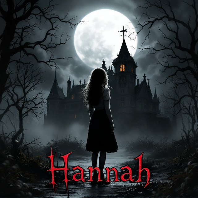 A dimly lit, eerie landscape showcasing a Gothic-style haunted school in the background with overgrown vines and broken windows. In the foreground, silhouetted under a pale, ghostly moon, stands a loose-haired schoolgirl wearing an old-fashioned school uniform. Her back is turned, but her head is slightly tilted, revealing half of her pale face with piercing, glowing eyes. Mist swirls around her feet, blending with the dark, shadowy ground. Thunderstruck clouds loom ominously in the sky above.