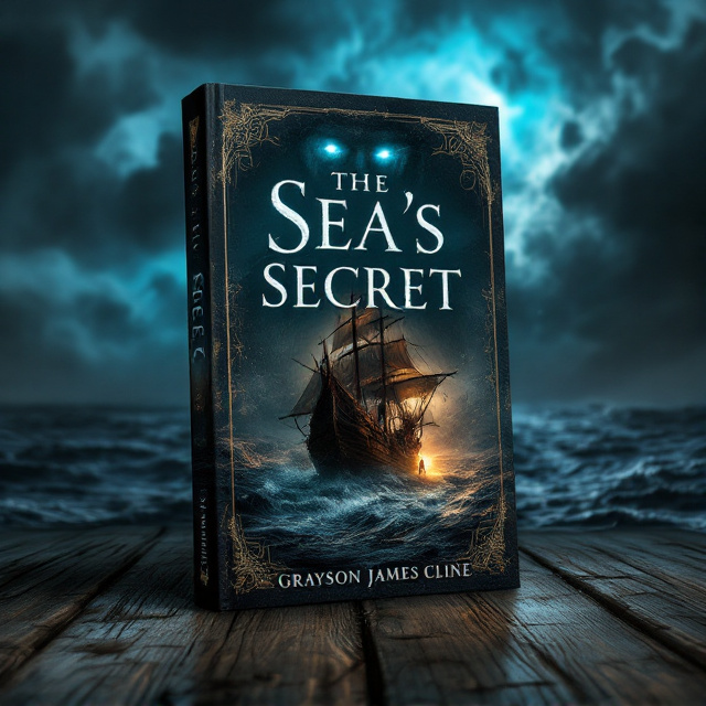 A hauntingly murky, dramatic scene set during twilight. In the foreground, a weathered pirate ship sails on stormy, blackened seas, its sails torn but resilient. Looming ominously in the background, the silhouette of a giant man with glowing blue eyes watches over the ship, almost as if controlling the chaos in the water. Clouds swirl violently around him, emphasizing his wrath. A subtle hint of romance is introduced with a soft glow of light radiating from a small figure standing at the ship's helm—a captain gazing toward the horizon as if longing for something unknown.