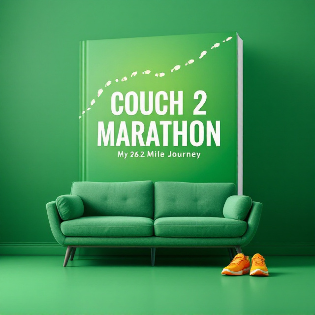 A vibrant green background that gradients subtly into a lighter green toward the top, symbolizing progress and growth. On the bottom left corner, an inviting, slightly worn mid-century modern couch sits prominently. Beside the couch, a pair of bright running shoes strategically face outward on the floor, symbolizing motion and a journey ahead. Above the couch, a trail of faint footprints leads upward diagonally, disappearing into the horizon, subtly reinforcing the idea of a marathon.