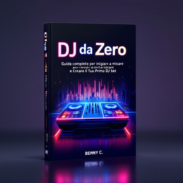 A vibrant and dynamic cover that features a DJ controller as the central element, glowing with neon lights (blue, pink, and orange hues) that radiate outwards, creating a pulse-like energy. The background is a dark, sleek gradient fading from black to dark purple to create contrast. The edges feature faint silhouettes of people dancing to signify inclusivity and fun. Small soundwave animations in the foreground add a sense of movement.